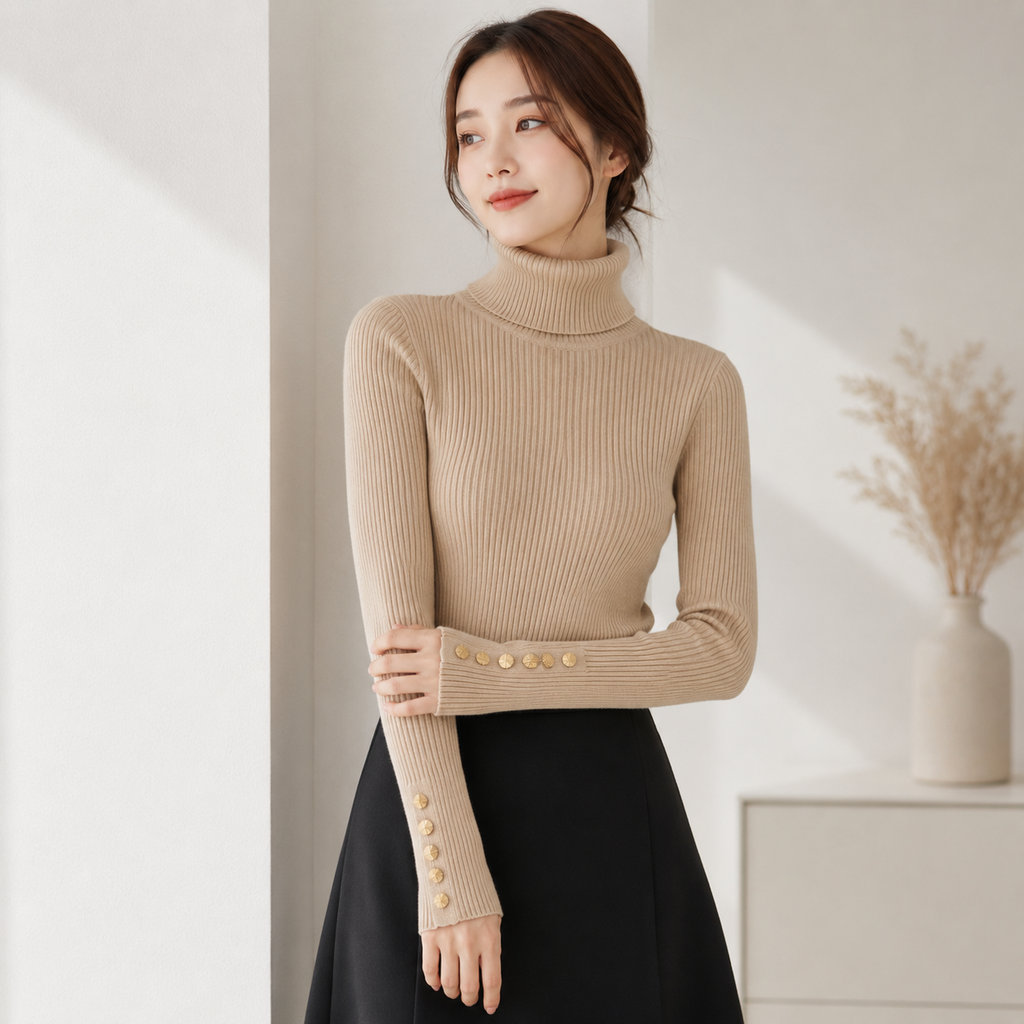 Suéter Feminino de Tricô Gola Alta com Botões para Inverno Ferrazi