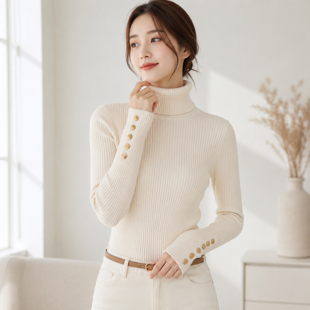 Suéter Feminino de Tricô Gola Alta com Botões para Inverno Ferrazi