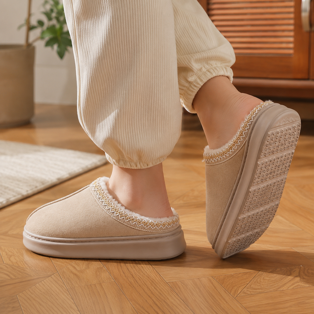 Pantufa de Couro Unissex Forrada em Lã Antiderrapante para Inverno Ferrazi