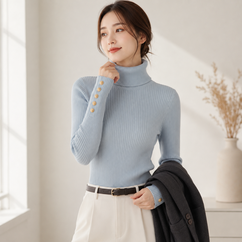 Suéter Feminino de Tricô Gola Alta com Botões para Inverno Ferrazi