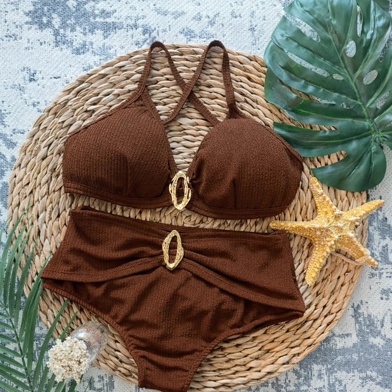 Biquíni Feminino Cintura Alta com Detalhes Dourados Ferrazi