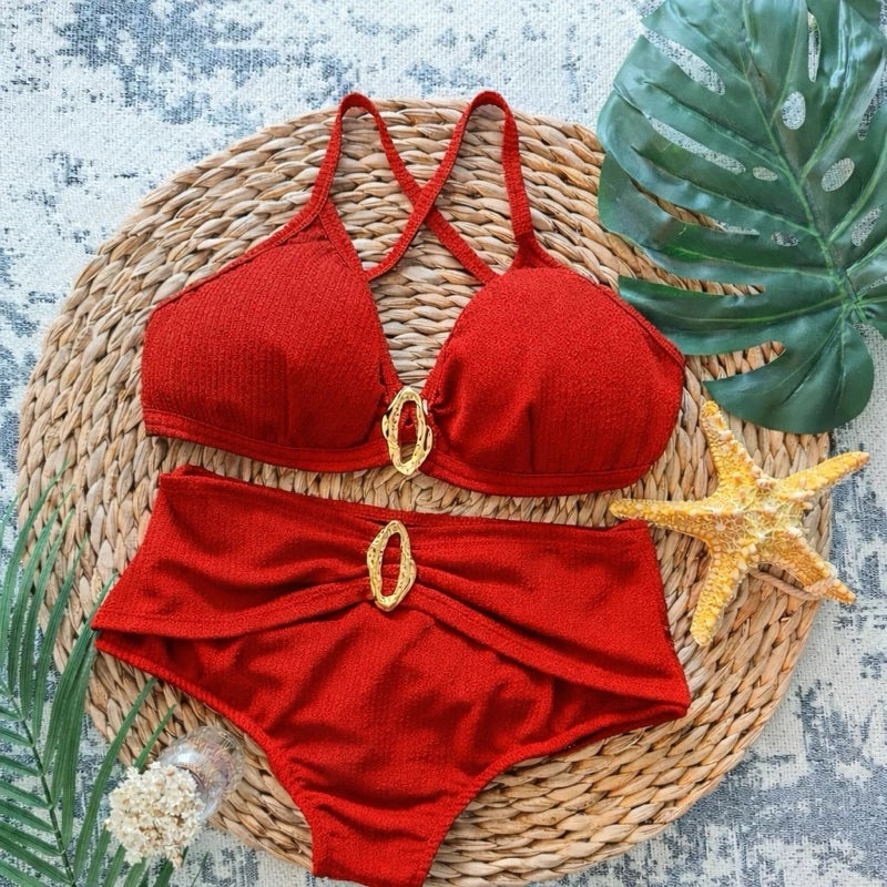 Biquíni Feminino Cintura Alta com Detalhes Dourados Ferrazi
