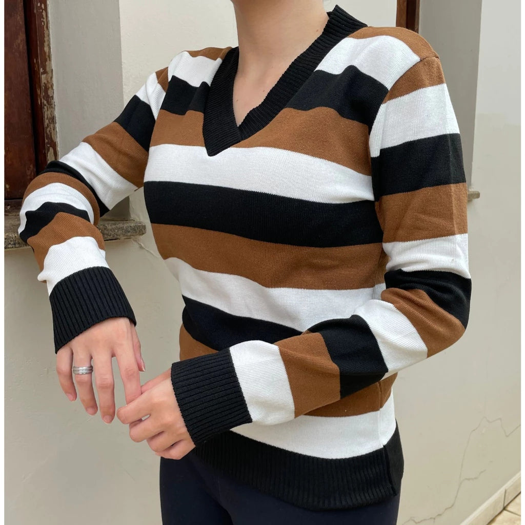 Blusa Feminina de Tricot Listrada com Gola V para Inverno Ferrazi