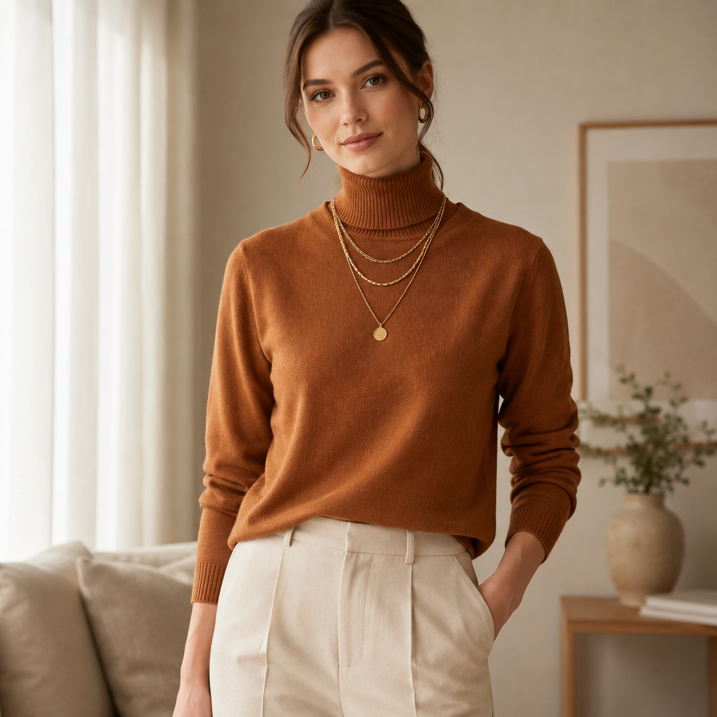 Blusa Feminina Tricô Manga Longa Gola Alta para Inverno Ferrazi