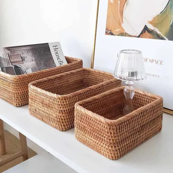 Cesta Organizadora Artesanal Retangular em Rattan Ferrazi