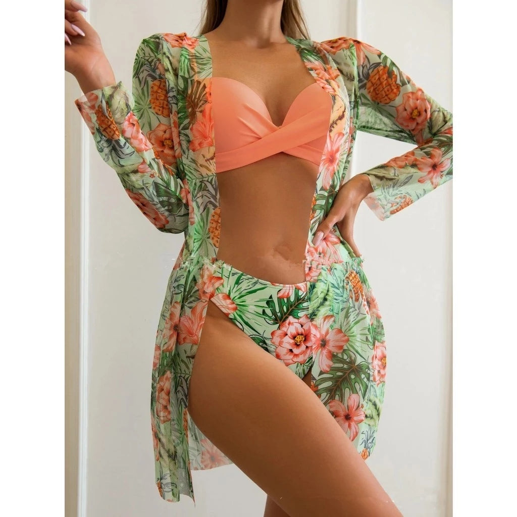 Conjunto Biquíni 3 Peças Feminino Cintura Alta Floral Ferrazi