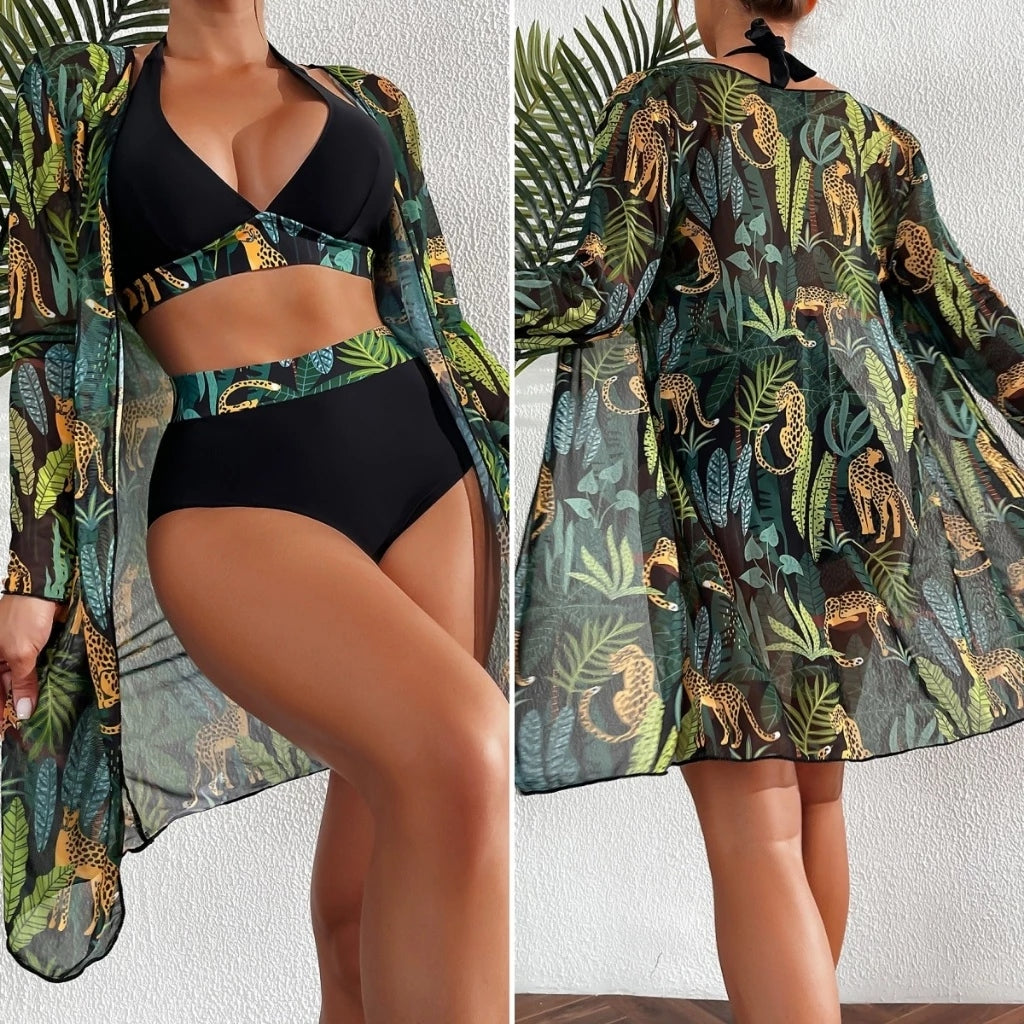 Conjunto Biquíni 3 Peças com Saída de Praia Kimono Tropical Ferrazi