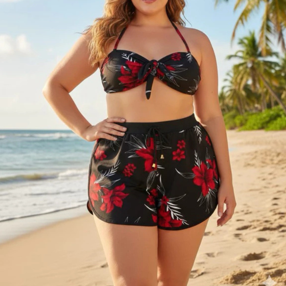 Conjunto Biquíni Feminino 3 Peças Estampado com Shorts Ferrazi