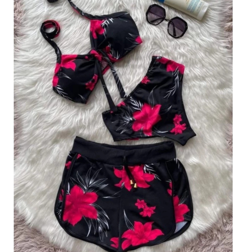 Conjunto Biquíni Feminino 3 Peças Estampado com Shorts Ferrazi