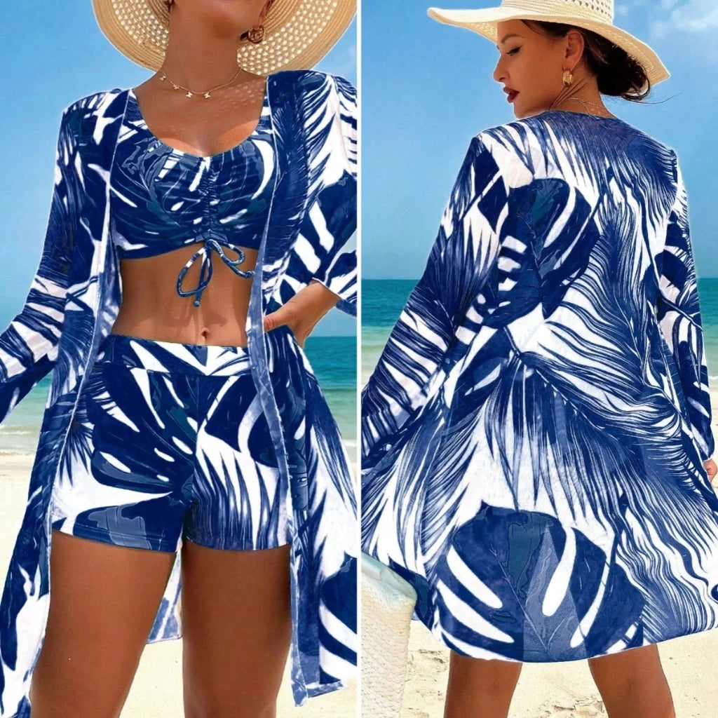 Conjunto Biquíni Feminino com Kimono Manga Longa Estampado Ferrazi