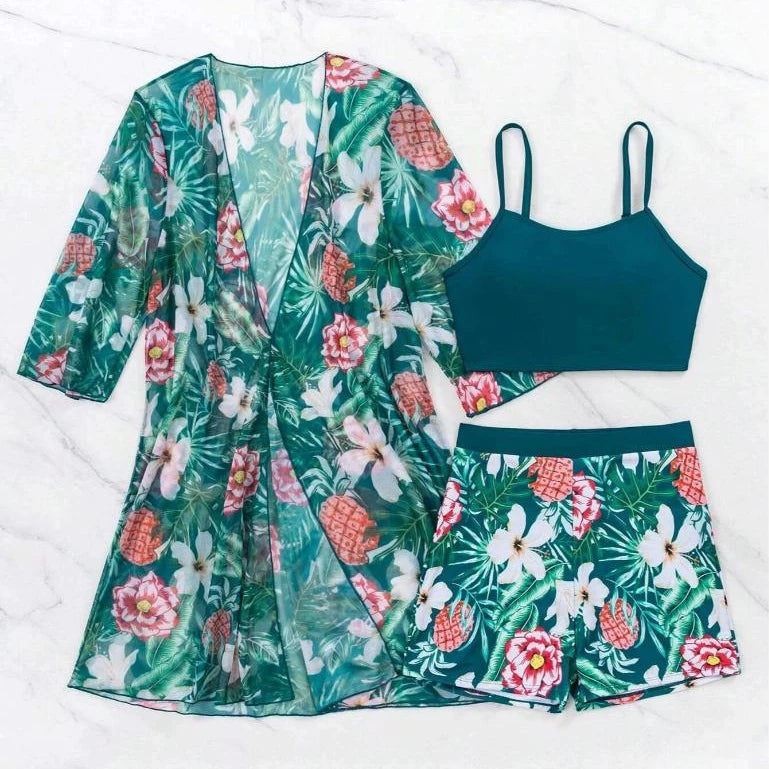 Conjunto Biquíni Tropical com Kimono e Short Ferrazi