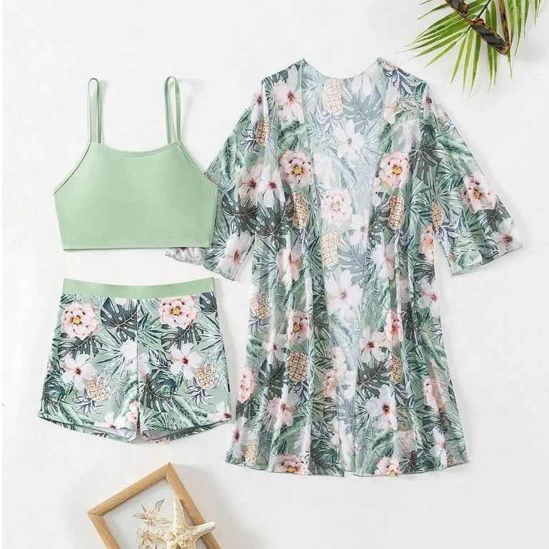 Conjunto Biquíni Tropical com Kimono e Short Ferrazi
