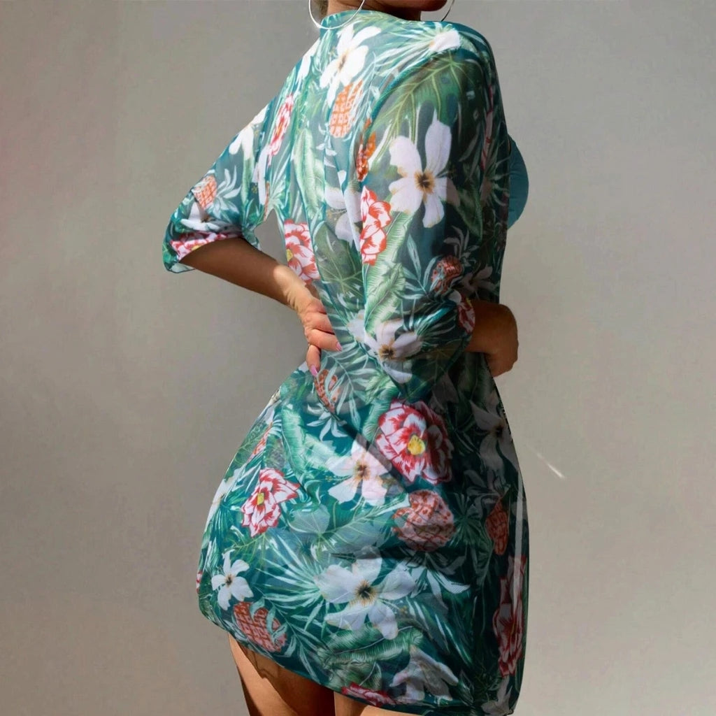 Conjunto Biquíni Tropical com Kimono e Short Ferrazi
