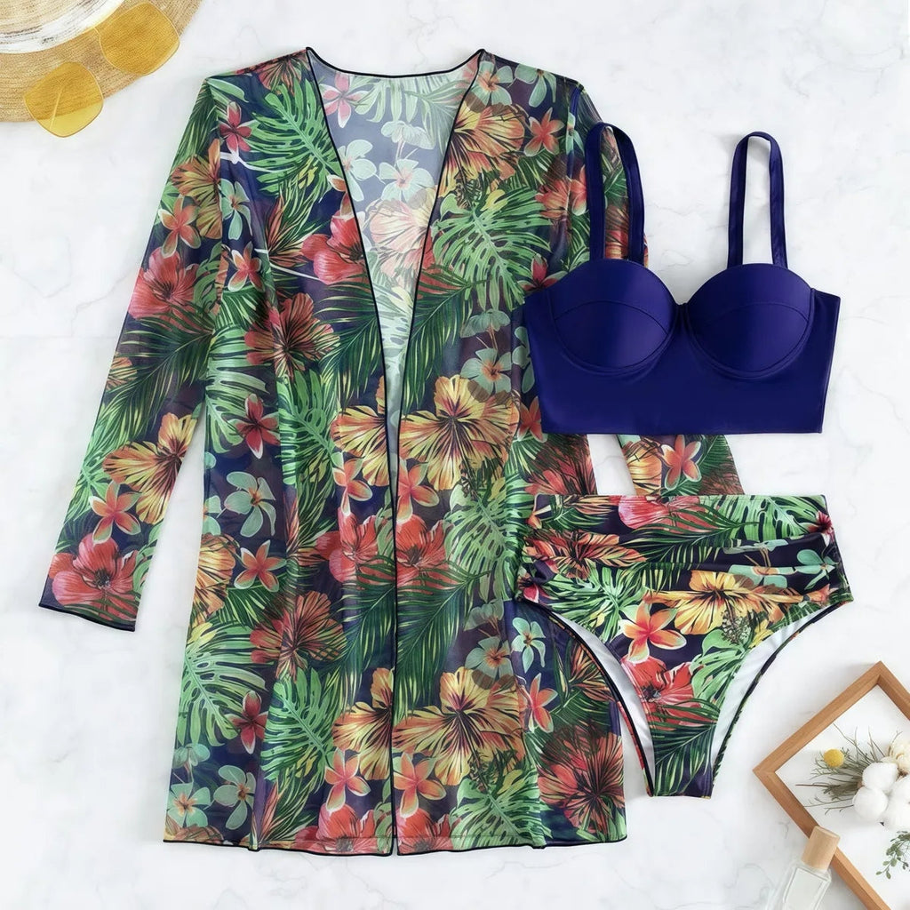 Conjunto Biquíni 3 Peças Feminino com Saída de Praia Estampa Tropical Ferrazi