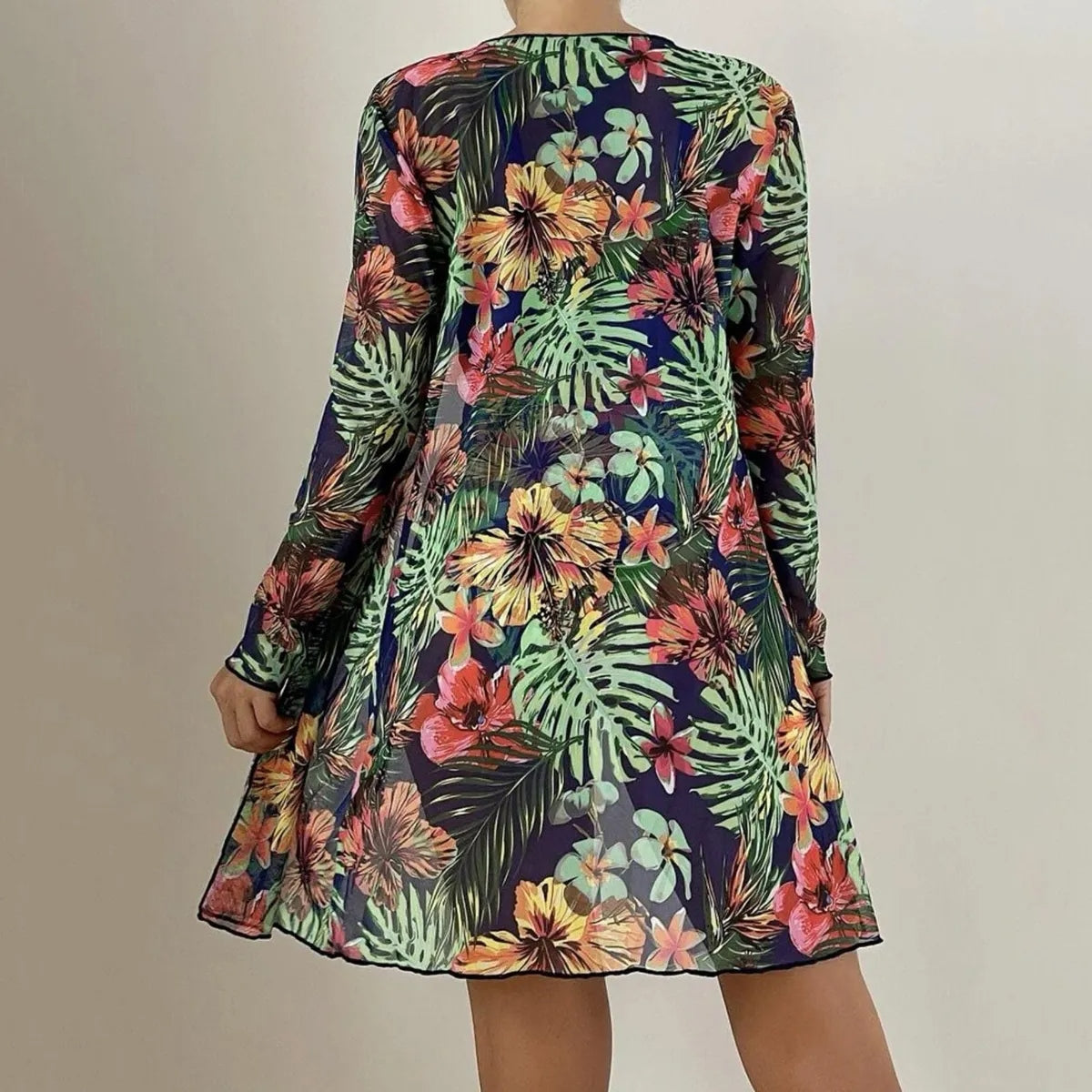 Conjunto Biquíni 3 Peças Feminino com Saída de Praia Estampa Tropical Ferrazi
