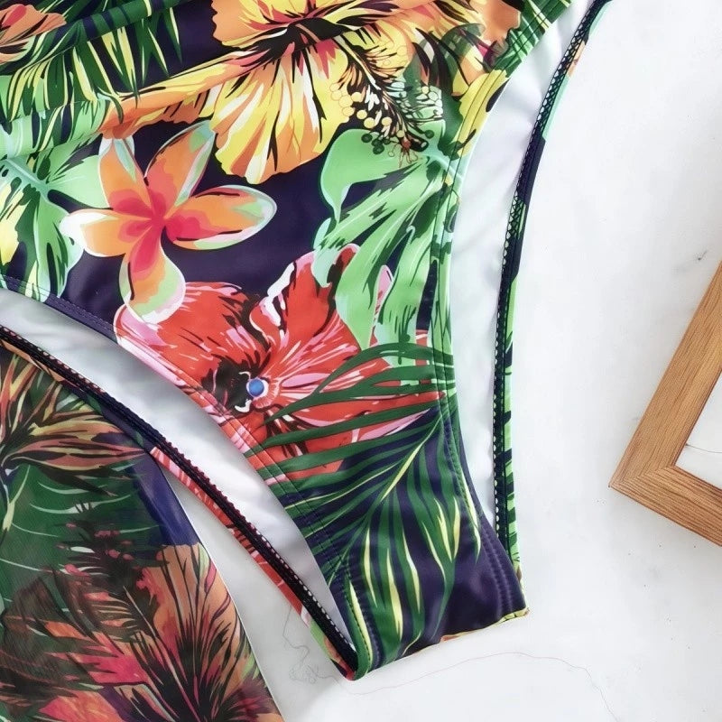 Conjunto Biquíni 3 Peças Feminino com Saída de Praia Estampa Tropical Ferrazi