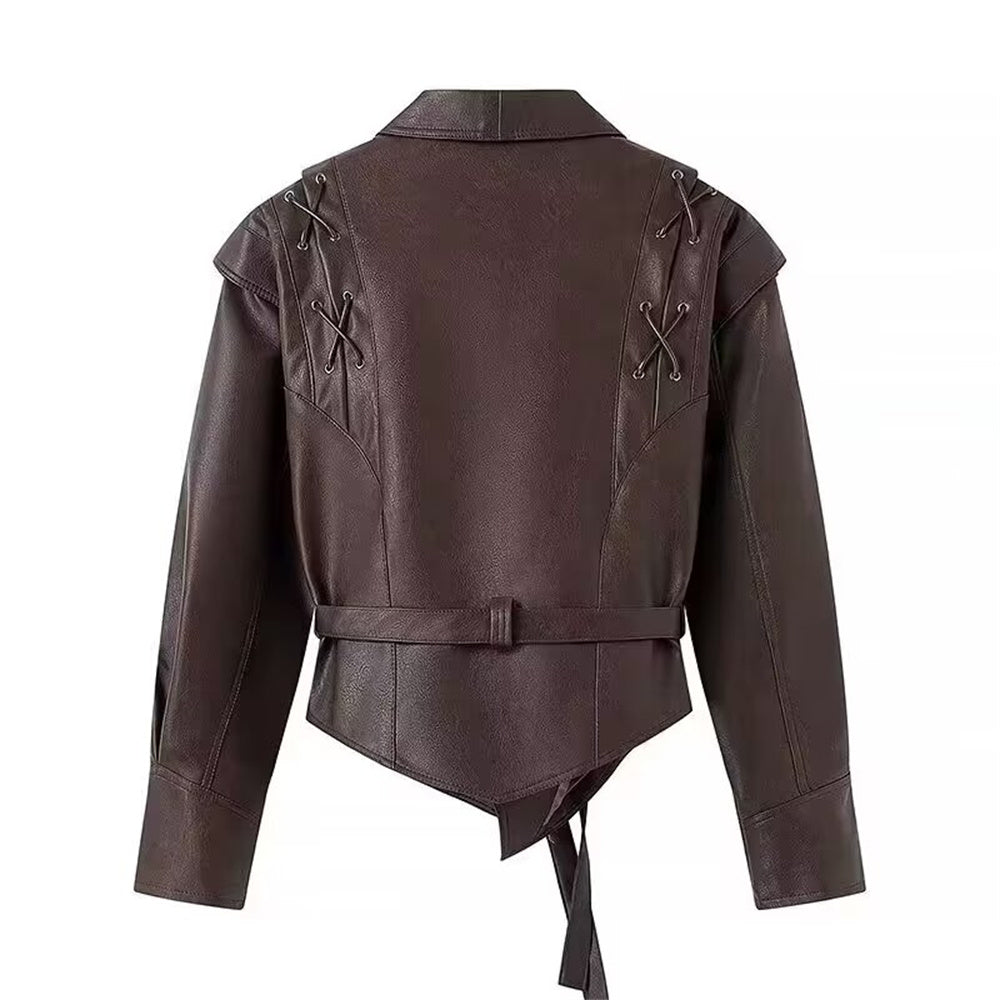 Jaqueta Feminina de Couro Vintage com Decote em V Ferrazi