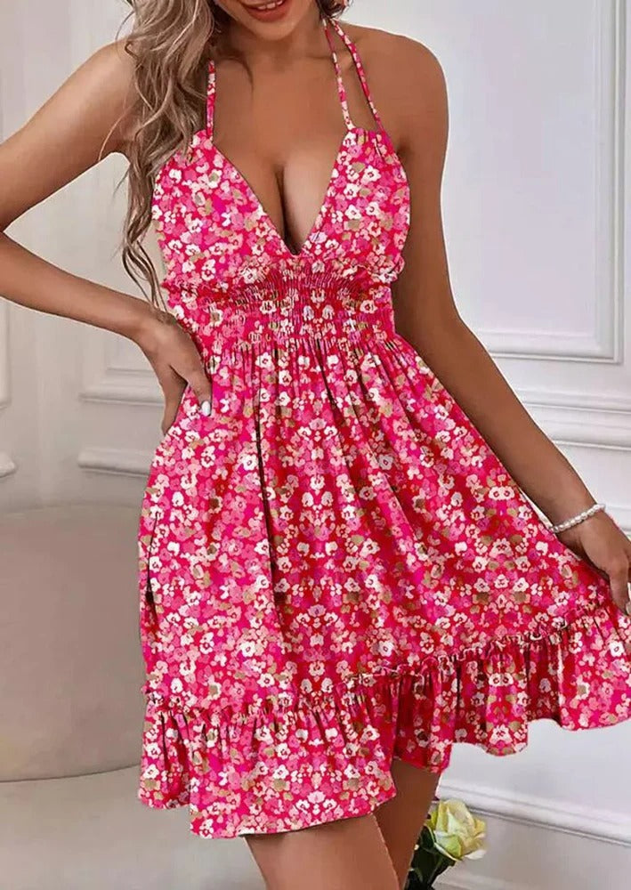 Vestido Feminino Floral de Cabresto com Decote V Ferrazi