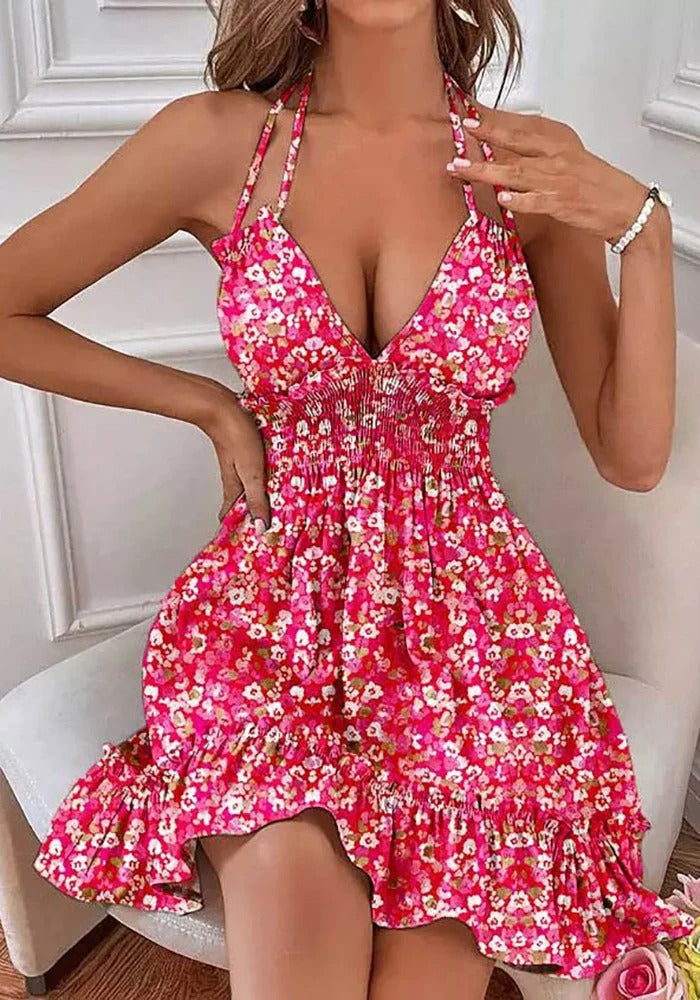 Vestido Feminino Floral de Cabresto com Decote V Ferrazi