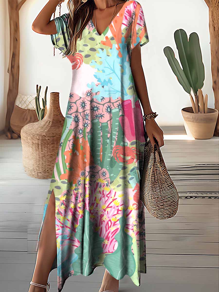 Vestido Feminino Longo Floral com Decote em V Ferrazi