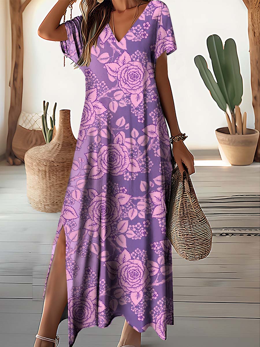 Vestido Feminino Longo Floral com Decote em V Ferrazi